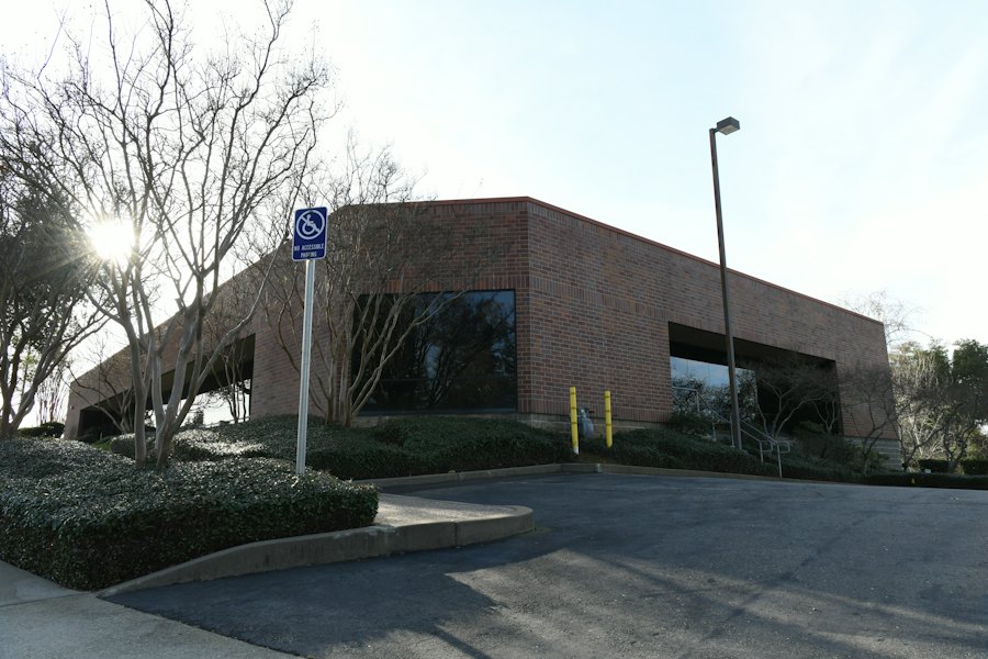 The practice building seen from the parking lot